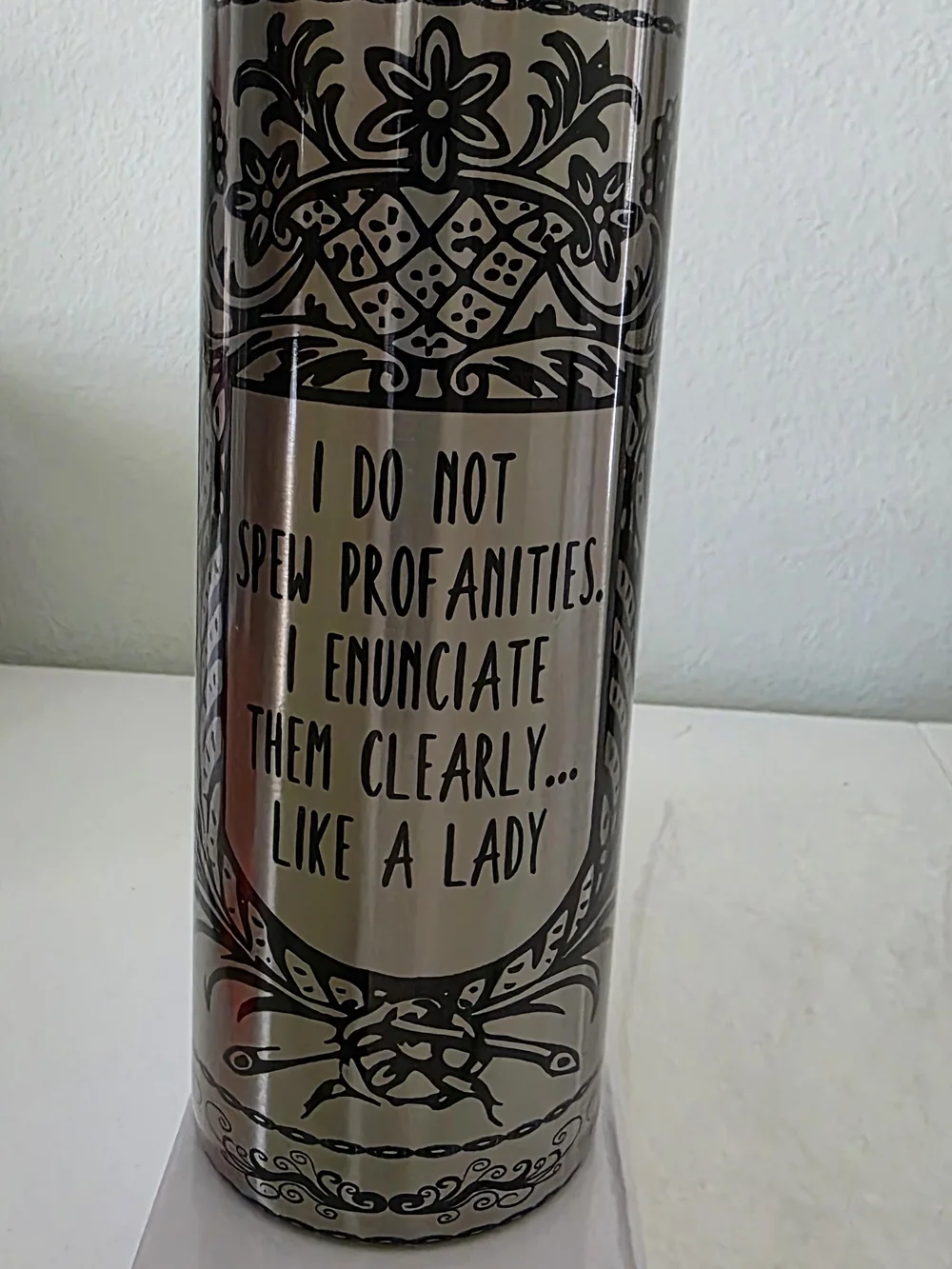 Silver Stainless Travel Tumbler with Black Script Floral Design